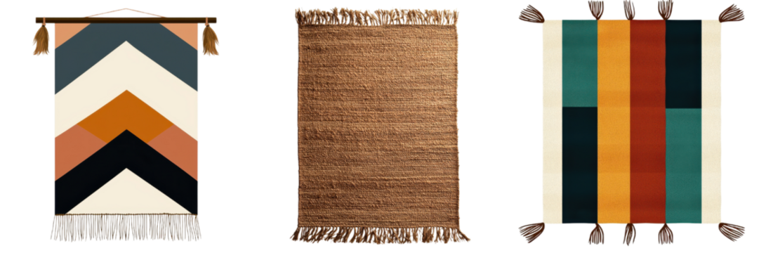 Woven area rugs with fringe in various colors and patterns, perfect for enhancing home decor and adding warmth to any space