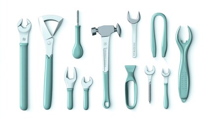 Teal 3D Render of Assorted Tools: Wrenches, Hammer, and More