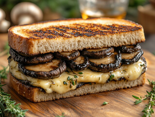 Grilled Portobello & Gruyère Melt, Grilled Portobello mushrooms, Gruyère cheese, thyme, and roasted garlic mayo on sourdough bread. Vegetarian,  Rich but nutrient-dense mushrooms and quality cheese