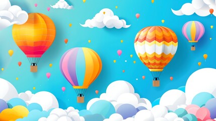 A cartoon illustration of colorful hot air balloons floating in a blue sky with white clouds.