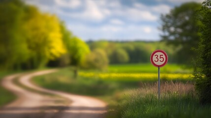 Speed limit sign displaying 35 mph on a rural road, emphasizing the importance of adhering to traffic regulations for safety and compliance.