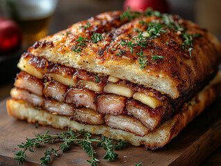 Christmas Market Pork Belly Roll, Slow-roasted pork belly with crispy crackling, spiced apple sauce, and sage stuffing in a crusty roll, Meaty, Indulgent; balanced with the apple sauce