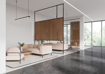 Modern living room interior with beige sofa and armchair, minimalist decor, large glass windows. 3D Rendering