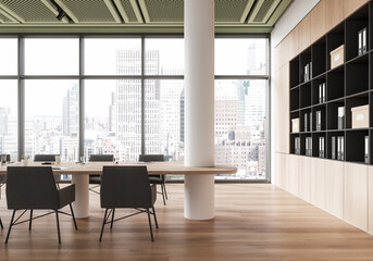 Modern office interior with large windows, table and chairs, overlooking a cityscape, wooden floor, and built-in storage shelves. 3D Rendering