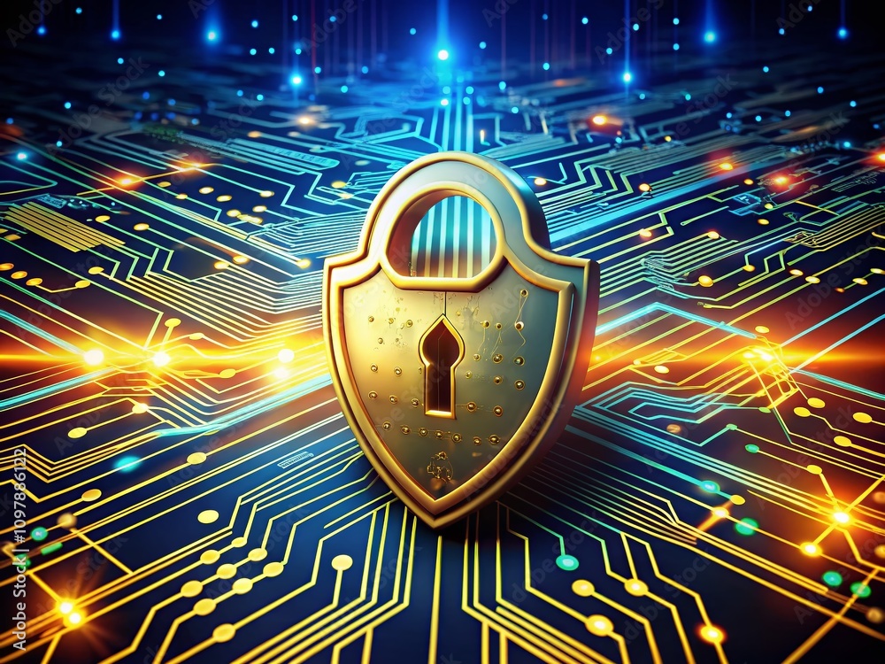Poster glowing golden lock and shield representing cybersecurity on a futuristic digital circuit background