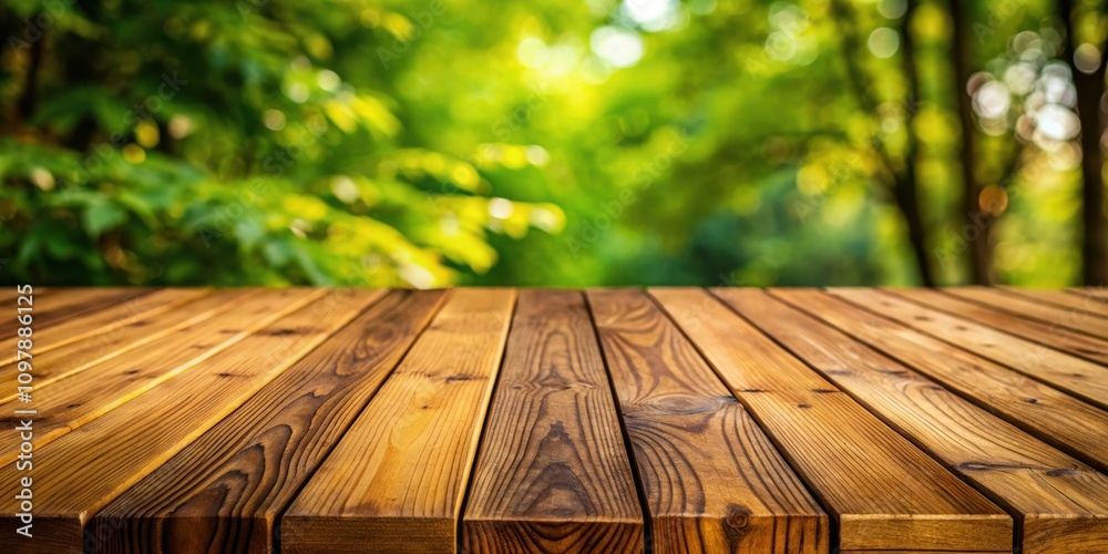 Poster a wooden table with a blurred background of green foliage, perfect for showcasing products or creati