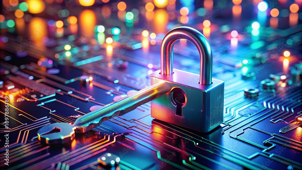Poster glowing neon key and lock symbolizing cyber security in a futuristic setting, representing encryptio