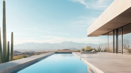 Fototapeta premium Minimalist Desert Oasis: Modern Architecture and Tranquil Pool