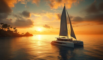 Fototapeta premium Sailing into the sunset with a tranquil catamaran on calm waters. Generative AI