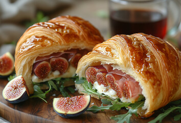 Prosciutto, Fig, & Brie Croissant, Thinly sliced prosciutto, fresh figs, brie cheese, and arugula in a buttery croissant, Meaty, Decadent but nutrient-packed with figs and arugula