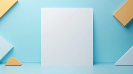 Fototapeta premium Blank canvas mock up set against a light blue background with geometric shapes. Generative AI