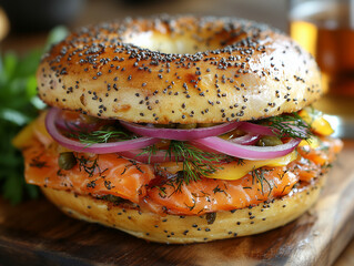 Smoked Salmon & Dill Cream Cheese Bagel, Smoked salmon, dill cream cheese, pickled red onions, and capers on a seeded bagel, Pescatarian, Packed with omega-3s; moderate calorie content.