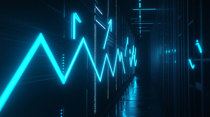 Minimalist line graph with arrows pointing upward and downward in neon blue - Futuristic and clean, dim lighting