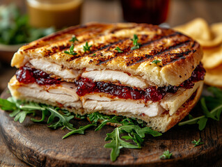 Truffled Turkey & Brie Panini, Sliced roasted turkey, creamy brie cheese, arugula, and cranberry chutney on ciabatta bread, pressed to golden perfection, Meaty, Moderately indulgent, with protein-rich