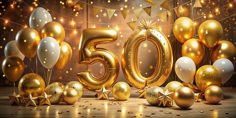 Golden Balloons Celebrating a Milestone 50th Birthday with Festive Decorations, Sparkling Confetti, and Joyful Atmosphere for a Memorable Party Experience