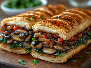 Vegan Mushroom & Chestnut Wellington Sandwich, Roasted chestnuts, sautéed mushrooms, caramelized onions, and spinach in a puff pastry sandwich, Vegan, Rich in fiber and plant-based nutrients