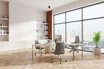 Modern office with bright natural light, neat workspace and city view from large windows, minimalistic furniture and wooden flooring. 3D Rendering