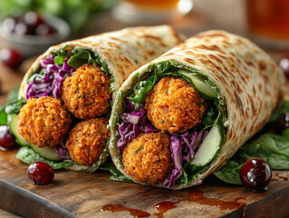 Vegan Festive Falafel Wrap, Spiced falafel, shredded red cabbage, cucumber ribbons, and a cranberry-tahini dressing in a spinach wrap, Vegan, High in fiber, plant protein, and vitamins