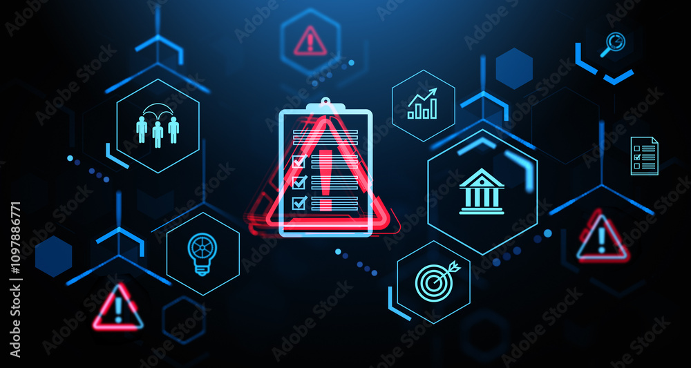 Poster digital risk management concept with warning symbols and checklists displayed on a dark background. 