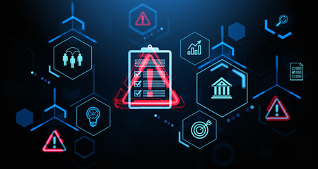 Digital risk management concept with warning symbols and checklists displayed on a dark background. 3D Rendering