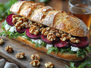 Winter Harvest Vegetable Baguette, Roasted beetroot, caramelized walnuts, goat cheese, and rocket in a rustic baguette. Vegetarian, Loaded with antioxidants and healthy fats
