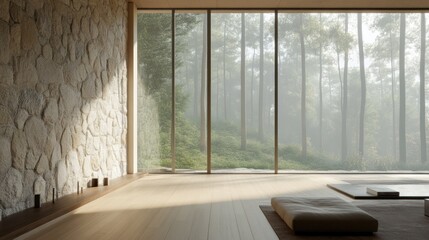 Fototapeta premium Minimalist Interior with a View of a Foggy Forest