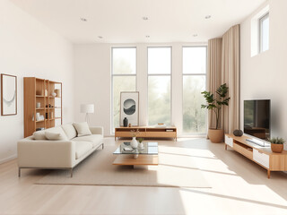A bright, white living room featuring a couch, coffee table, and television, creating a clean and inviting atmosphere.