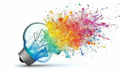 Obraz premium Colorful paint explodes from lightbulb; creative idea.