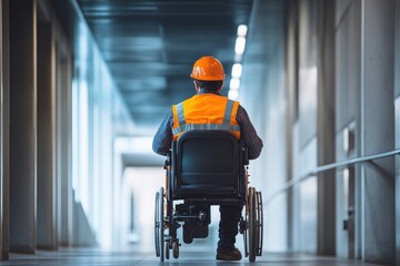 Construction worker in wheelchair navigating modern building corridor
