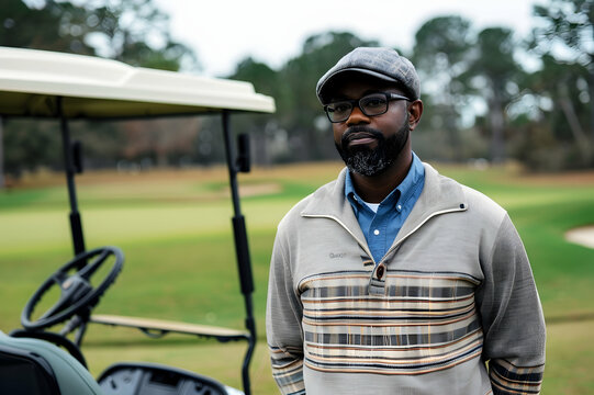 stylish african american man standing near golf cart on golf course