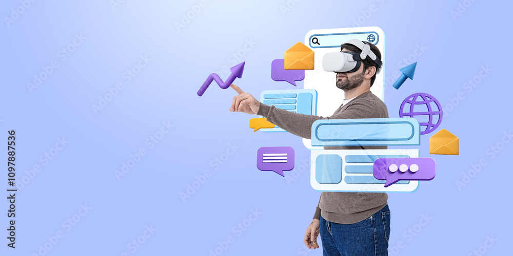 Poster man using virtual reality headset with digital interface and ico