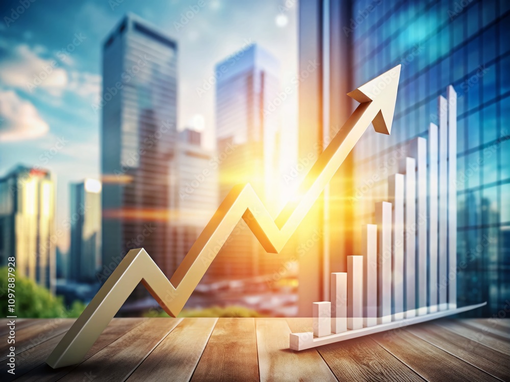 Poster growth indicators: an upward arrow symbolizing progress and development with ample copy space for bu