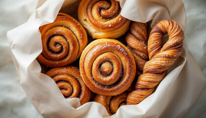 Fototapeta premium Top view of Swedish cinnamon buns in a white paper bag, warm and inviting with pearl sugar.