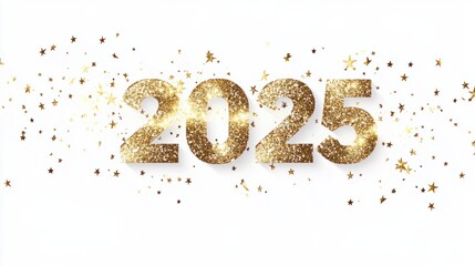 Sparkling "2025" in glitter texture, surrounded by faint golden stars on a clean white backdrop