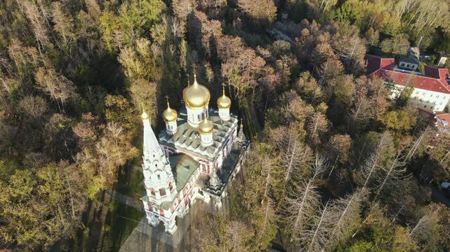 Aerial view of Shipka Monastery Holy Nativity, known as Russian church in town of Shipka, Stara Zagora Region, Bulgaria