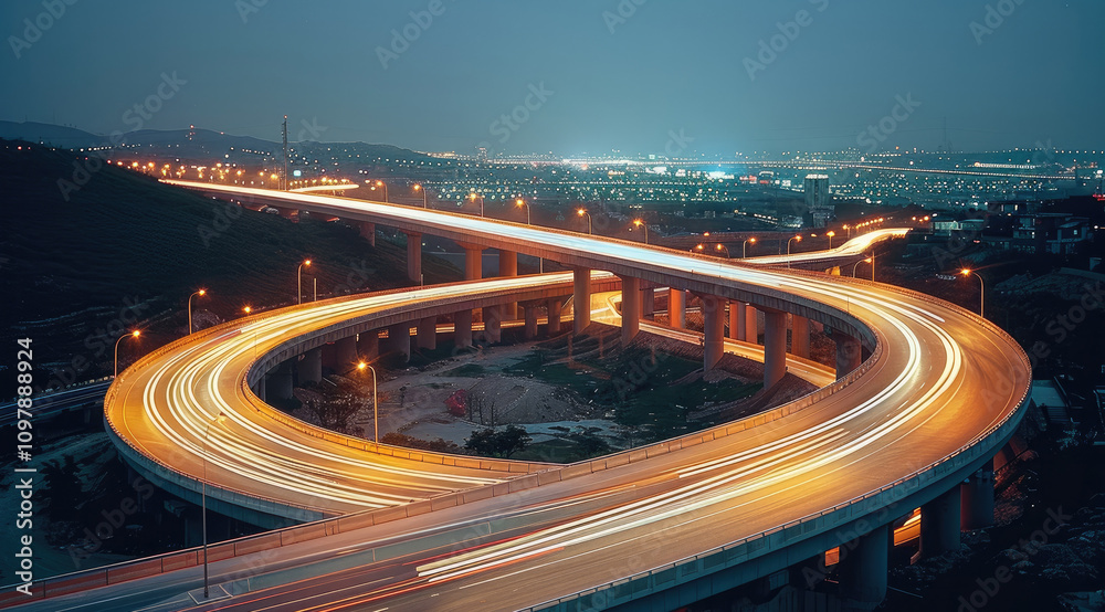 Aufkleber The lights strokes building a curve over a highway. blur motion.