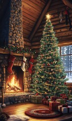 Fototapeta premium cozy and festive cabin interior, featuring a beautifully decorated Christmas tree