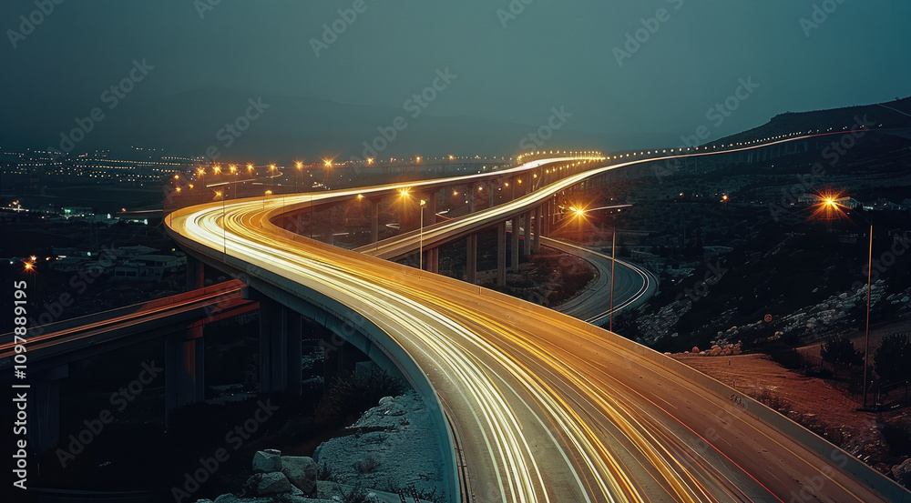 Poster the lights strokes building a curve over a highway. blur motion.