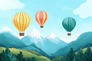 Fototapeta premium Hot air balloons flying over a scenic mountain view backdrop