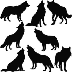 eight wolf silhouettes collection isolated on white