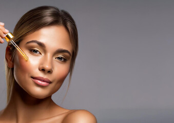 Beautiful woman applying skincare serum on her face - Hyaluronic Acid, Anti Aging, Moisturiser, Repair, Hydrating, Vitamin, Ascorbic, Retinol, Exfoliant, Azelaic