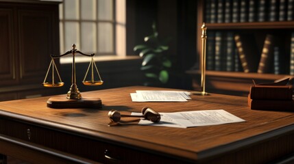 Fototapeta premium Lawyer's desk with papers, gavel, AI Generative