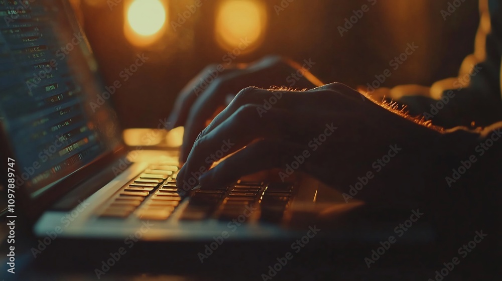 Poster close-up of hands typing code on laptop at night.