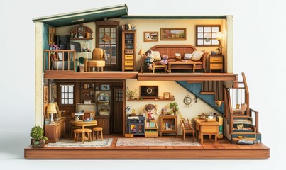 Intricate two-story dollhouse, furnished, miniature people.
