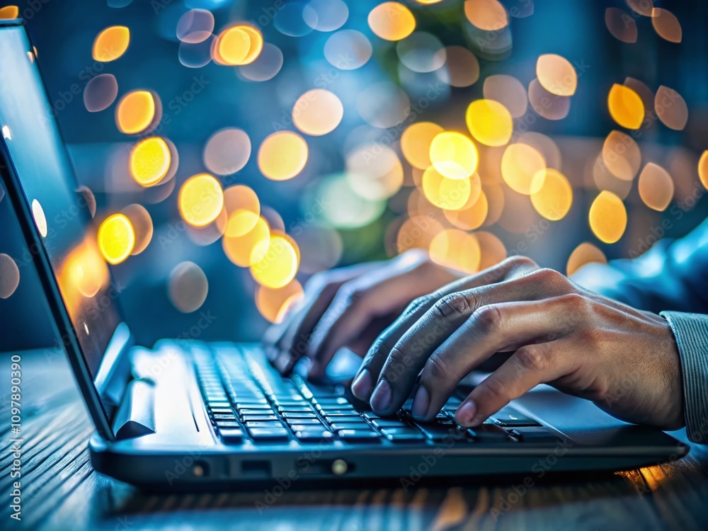 Poster hand hovering over keyboard with security alert in a bokeh effect, emphasizing cybersecurity awarene
