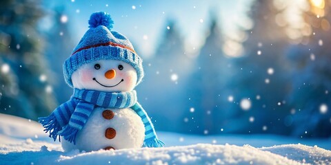 Obraz premium Happy Cute Snowman with Blue Hat and Scarf Outdoors, Celebrating Merry Christmas and New Year, Isolated on White Background, Horizontal Orientation for Festive Cheer