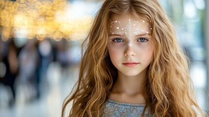 Fototapeta premium Portrait of a blonde girl with glowing freckles in natural light set against a blurred cityscape exuding youthful innocence and a magical urban atmosphere