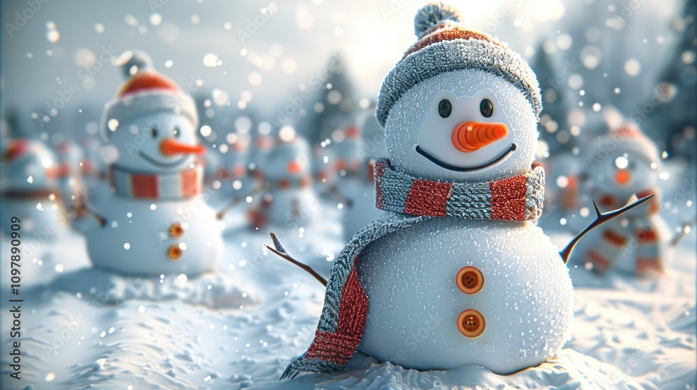 Poster snow scape in winter. snowmen with hats and scarfs. they have carrots for noses. they have buttons f