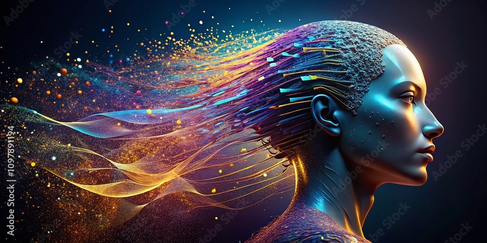 Poster head graphic composed of streamlined particles showcasing modern design concepts and digital creativ