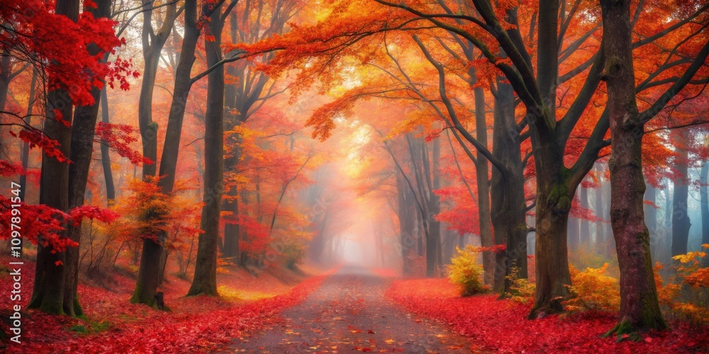 Poster a winding path through a misty forest, illuminated by a soft golden light, revealing vibrant red, or